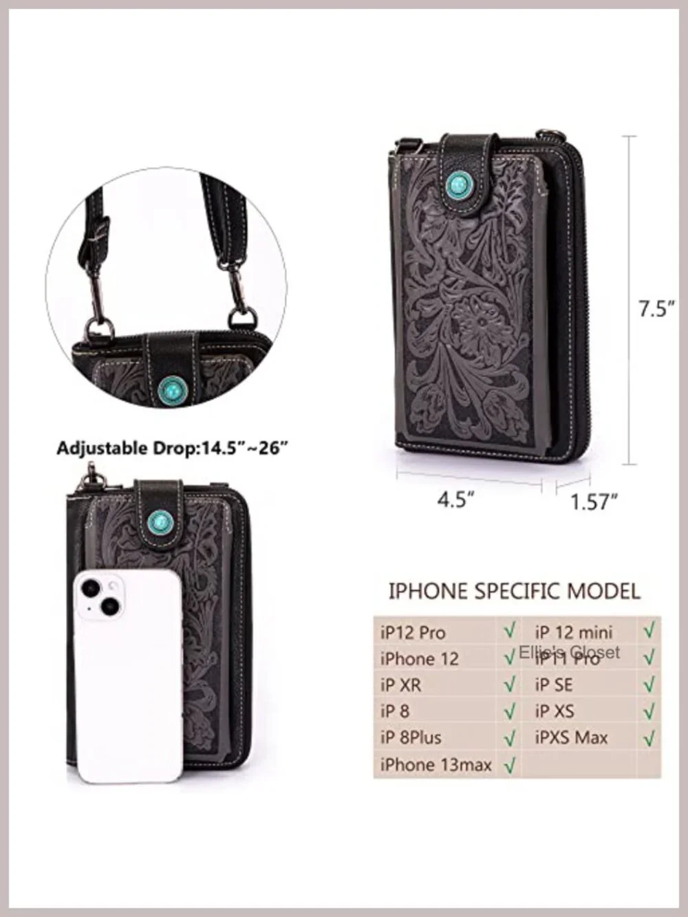 Western Crossbody Phone Wallet RFID Blocking Faux Leather with Cash Slots